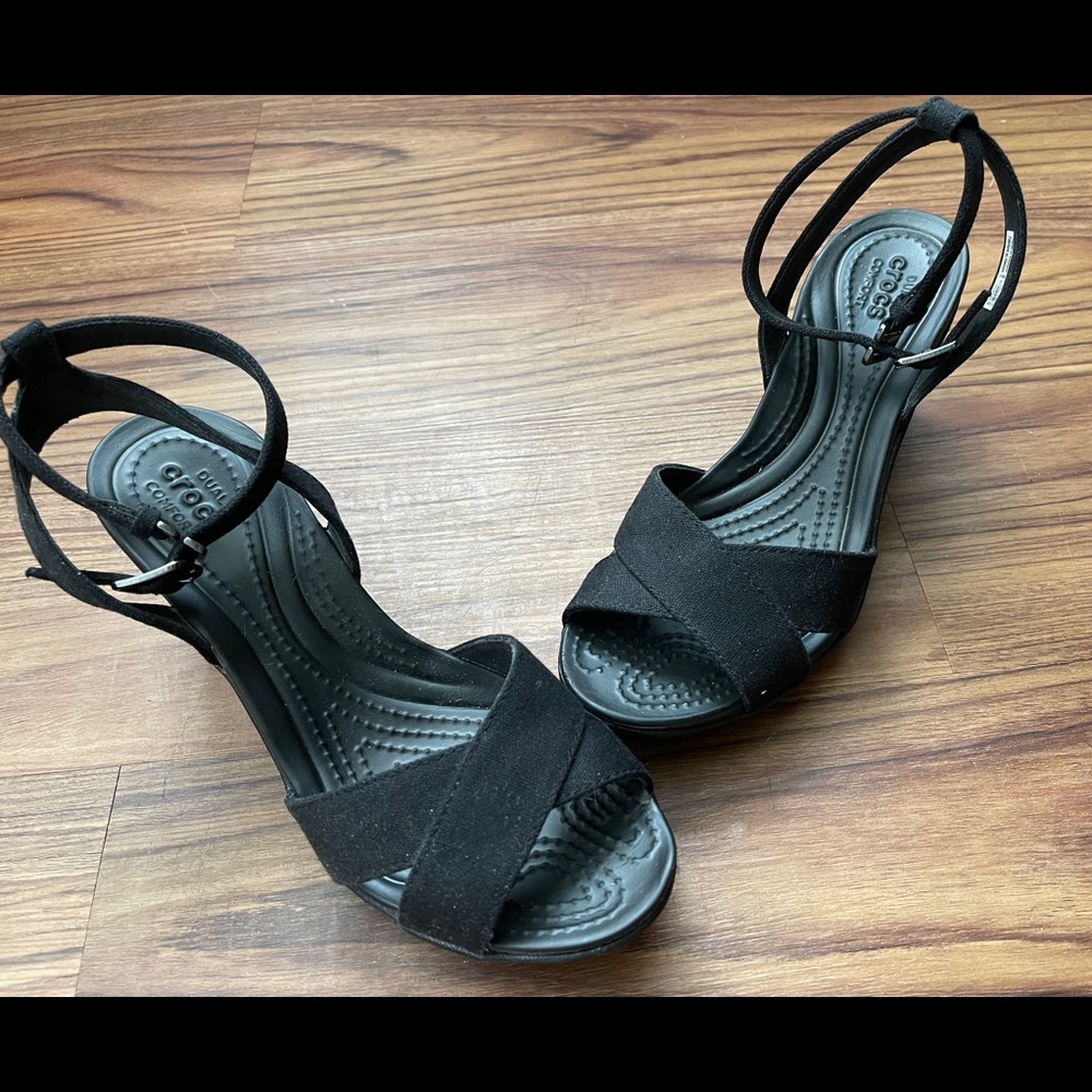 Black Croc Wedge Sandals